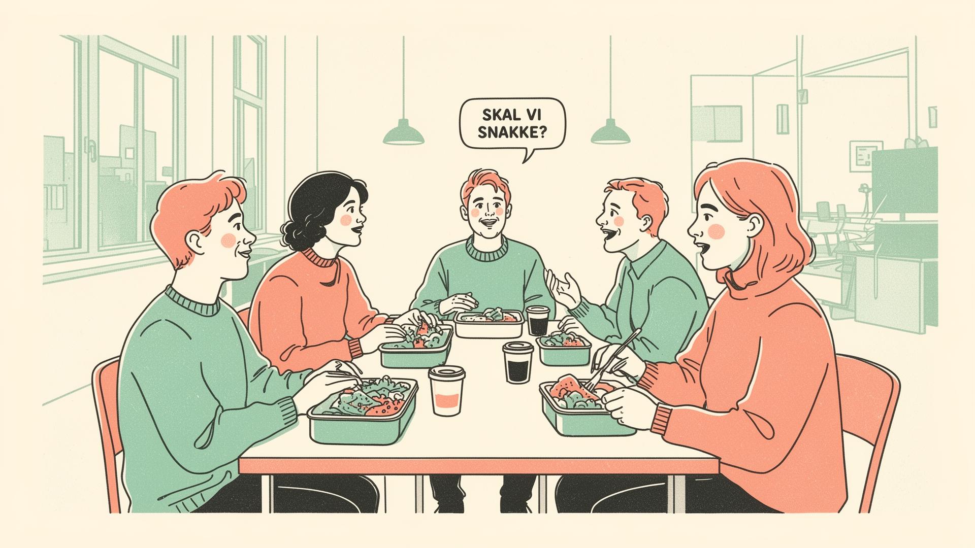 A small group of friends laughing over lunch at a bright Copenhagen coworking space